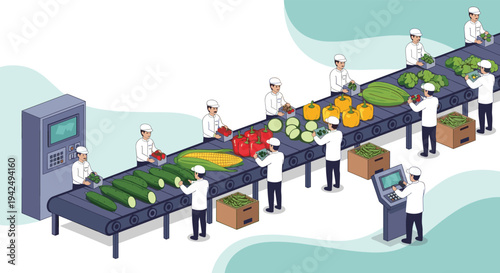 Workers in white uniforms sorting and packing fresh vegetables like cucumbers, peppers, and corn on a conveyor belt in an industrial factory.