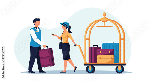 Professional hotel bellhop in a blue vest helping a female guest with her luggage on a golden cart in a luxury hotel lobby setting.