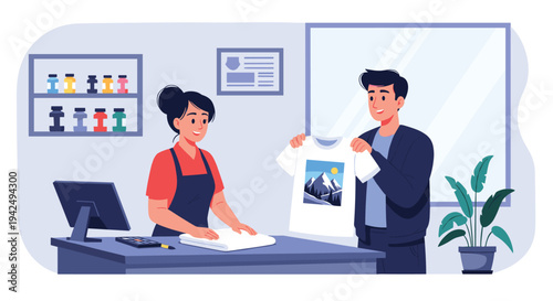 Customer picking up a custom printed mountain t-shirt from a female worker in a professional garment printing and design shop.