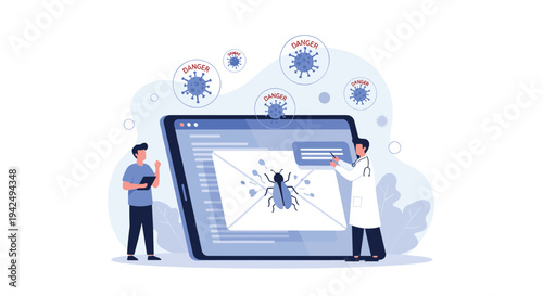 IT professionals and a doctor examining a large computer virus bug on an email message to represent cybersecurity and data protection.