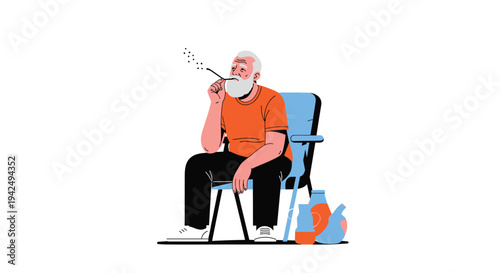 Relaxed elderly man with a white beard sitting in a chair and smoking a traditional pipe with several ceramic vases on the ground nearby.