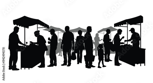 People at market stalls silhouette vector