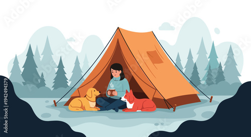 Young woman sitting in an orange tent and drinking a hot beverage while her two loyal dogs relax beside her in a foggy forest landscape.