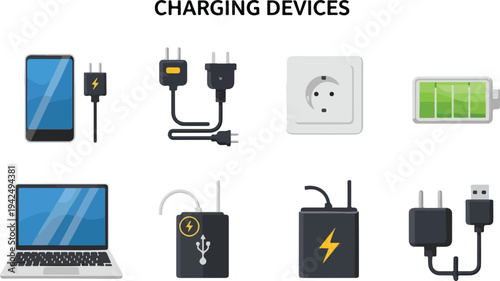 Eight charging devices are displayed phone charger outlet battery laptop and power banks