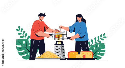 Man and woman in a modern kitchen working together to grate a large piece of delicious yellow cheese for a homemade meal preparation.