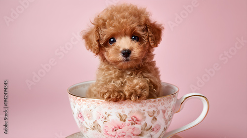 Adorable tiny teacup Toy Poodle puppy sitting inside a vintage floral teacup, cute apricot curly dog on pink background, Generative AI
