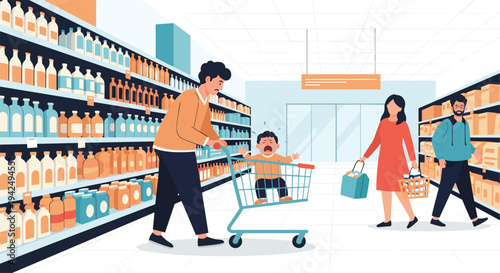 Stressed father pushing a shopping cart with a crying child in a busy supermarket while other customers shop for groceries nearby.