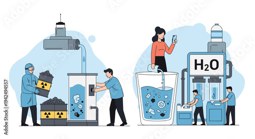 Comparison of nuclear energy production with radioactive waste barrels versus clean energy and water filtration processes in a factory.