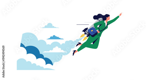 Ambitious businesswoman in a green suit flying through the sky with a rocket backpack representing high speed career growth and success.