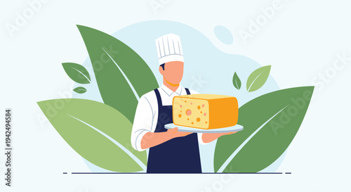 Skilled chef in a white uniform holding a large wedge of high-quality artisan cheese on a platter against a green leaf background.