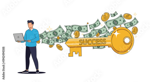 Man with a laptop standing next to a giant golden key labeled success as money and coins fly out representing financial achievement.