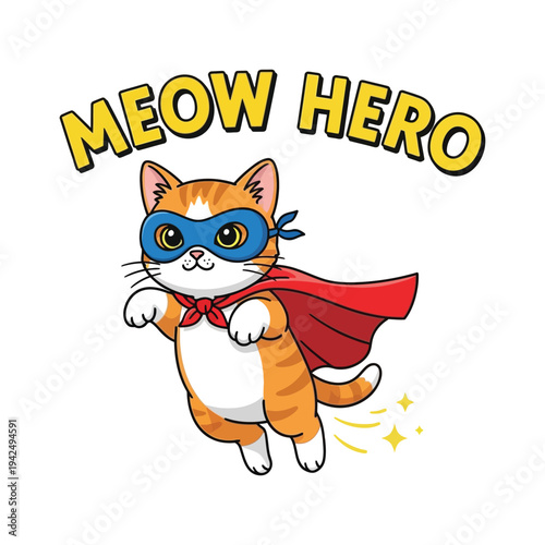 Cute ginger cat wearing a blue mask and red cape flying as a meow hero character