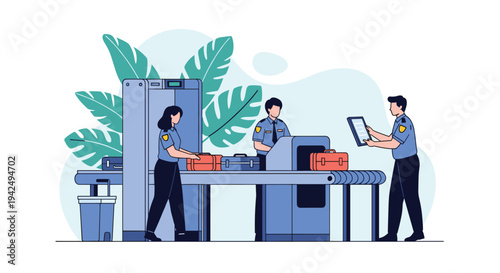 Security officers at an airport conduct a thorough luggage inspection using an x-ray machine and scanner belt.