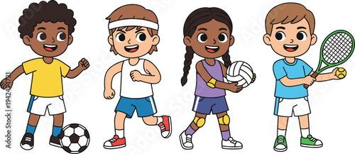 Kids playing sports cartoon characters set, children football running volleyball tennis illustration, active kids isolated vector