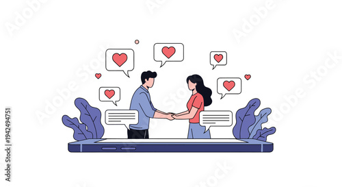 Romantic couple holds hands across a large smartphone screen surrounded by heart bubbles and message notifications.