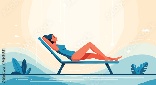 Relaxed woman sunbathes on a blue lounge chair on the beach under a warm sun for a perfect and calm summer vacation.