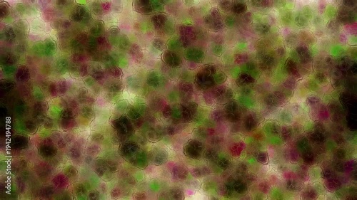 Abstract stained glass texture with dark colorful tones and soft light diffusion. Distorted glass surface creates organic patterns and blurred shapes moving slowly in dynamic motion.