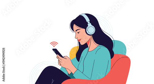 Woman relaxes in a comfortable chair while listening to favorite music with headphones and her smartphone via wifi.