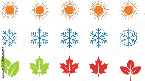 Set of seasonal weather icons featuring orange sun symbols for summer, blue snowflakes for winter, and green and red autumn maple leaves for changing nature seasons.