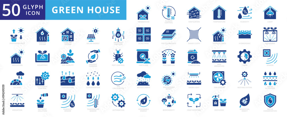 Fototapeta premium green house icon set with automation, solar energy, technology adoption, artificial intelligence, crop rotation, pesticides, beneficial insect, pollination, aeroponic, polycarbonate