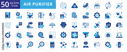 air purifier icon set with harmful substances, volatile organic compounds, infrared sensor, quiet operation, hepa filter, airflow, air quality, dehumidifier, dust remover, energy efficiency