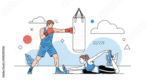 Strong man practices boxing with a heavy bag while a woman performs deep leg stretches in a modern fitness gym.