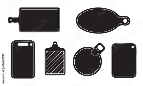Kitchen cutting board silhouette icon set. Cooking preparation utensil vector collection
