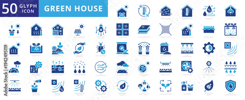 green house icon set with automation, solar energy, technology adoption, artificial intelligence, crop rotation, pesticides, beneficial insect, pollination, aeroponic, polycarbonate