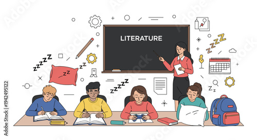 Bored students sleep at their desks during a long literature lecture while the teacher points at the chalkboard.