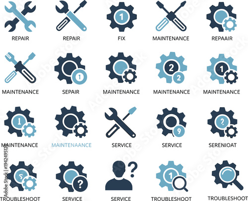 Set of technical service icons for repair maintenance fix troubleshoot and customer support assistance with gears and tools