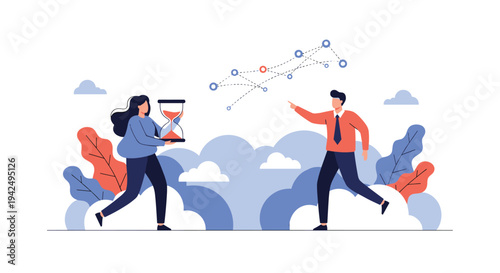 Woman holds a giant hourglass while a man points towards a complex and connected network of circular icons in the sky.