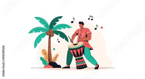 Musician plays a traditional djembe drum with deep passion under a green palm tree in a warm tropical setting.