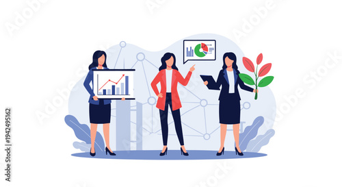 Three businesswomen present various aspects of growth and success including charts, reports, and a green plant.