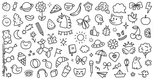 Funny hand drawn doodles background. Ink drawing with kids style. Birds, flowers, sweets, animals, fast food. Vector illustration isolated on white background.