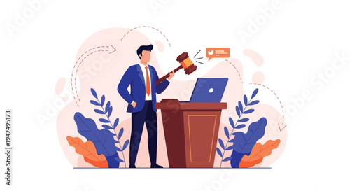 Professional auctioneer holding a wooden gavel while standing behind a podium with a laptop during a public sale.