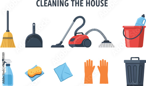 Flat illustration of house cleaning equipment Broom dustpan vacuum bucket spray sponge cloth gloves and bin are featured