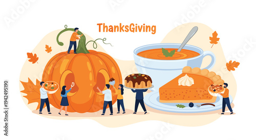 Miniature people preparing a large thanksgiving feast with a giant pumpkin, pumpkin pie, and soup in a festive setting.