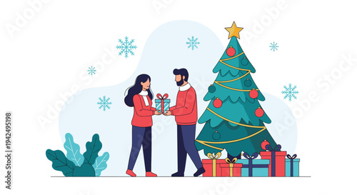 Happy couple exchanging a christmas gift while standing next to a decorated evergreen tree during the winter season.