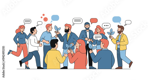 Large group of people having a conversation and holding small green leaves representing ecological ideas and sustainability.