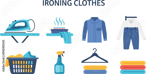 Flat illustration of ironing clothes Includes iron board steam shirt pants basket spray hanger and folded clothes
