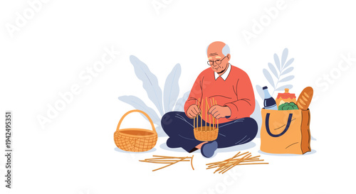 Elderly man sitting on the floor and weaving a traditional wicker basket while surrounded by supplies and groceries.