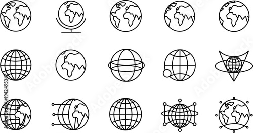 Set of world globe outline icons for global business network connectivity planet earth map and international communication symbols