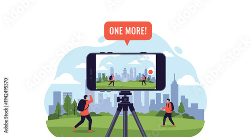 Mobile phone on a tripod recording two people running in a city park with a one more speech bubble for a video blog.