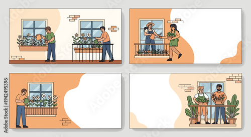 Multiple panels showing different people caring for flowers and plants on their apartment balconies in an urban setting.