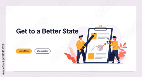 Two tiny business people working on a giant clipboard report with a pen, charts, and diagrams for financial analysis.