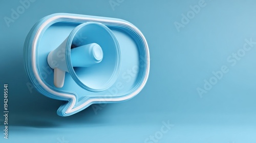 Abstract 3 d rendering of a megaphone within a speech bubble on a blue background