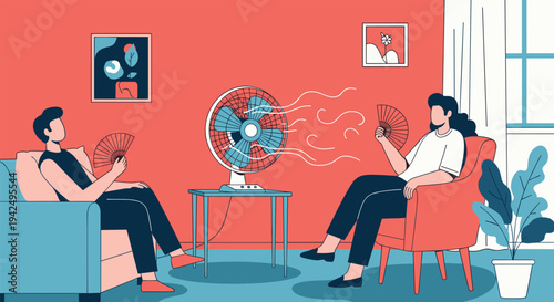 Man and woman feeling hot in a red room while using a table fan and hand fans to cool down during the summer season.