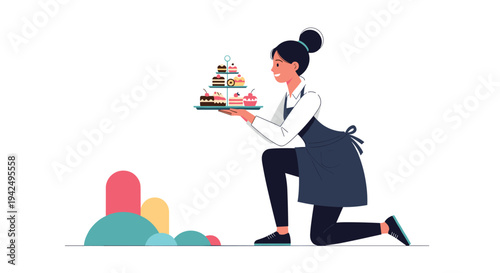 Young waitress kneeling while holding a tiered tray of colorful and delicious cupcakes and cakes for a cafe service.