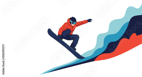Athletic man in a red jacket performing a high jump on a snowboard over snowy mountain slopes during the winter season.