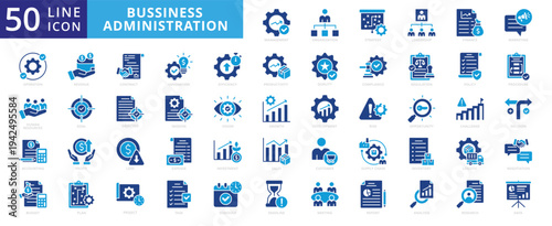 Business administration icon set flat vector collection. Containing management, organization, strategy, leadership, finance icons.